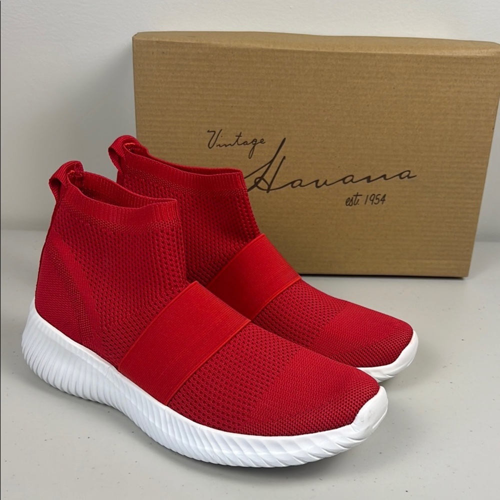 Vintage Havana Jasmine Mid Top Sneakers Red Splash Stretch Mesh Fabric NIB 6.5